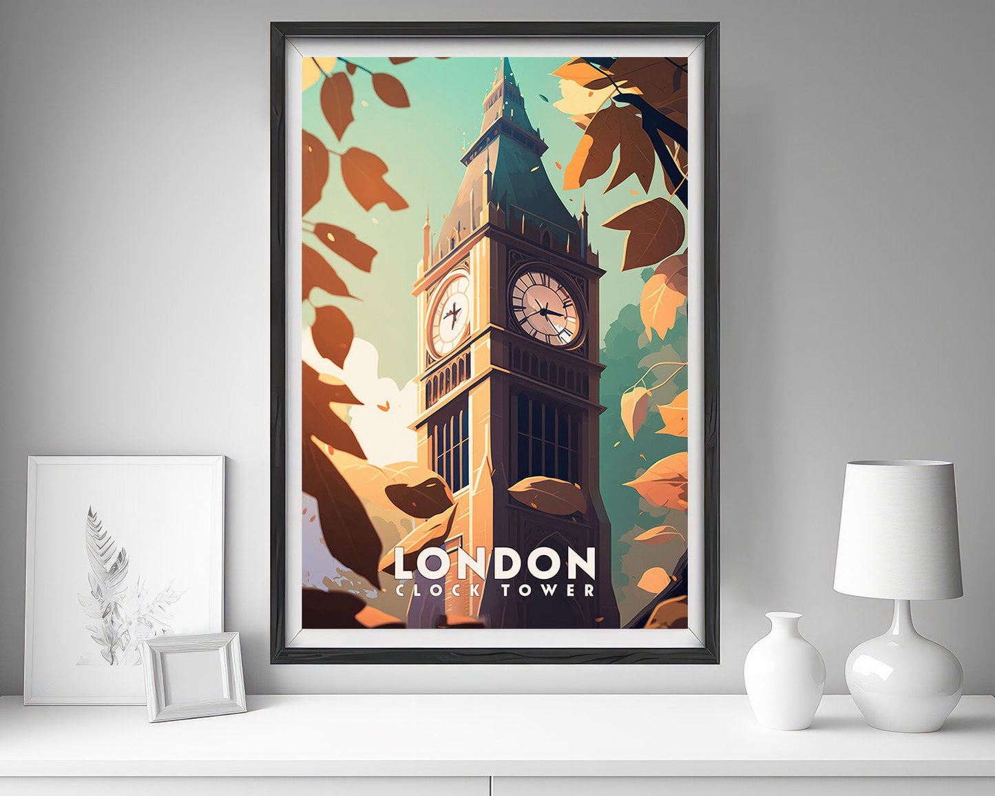 Framed London Big Ben Clock Tower Travel Poster in Portrait orientation, minimal background, close up wall art print 5