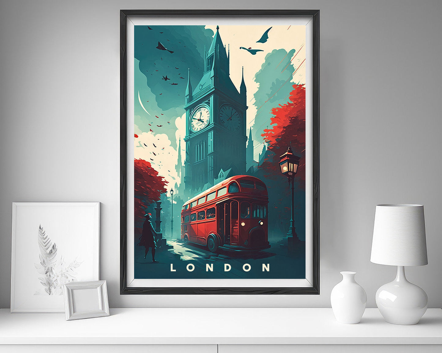 Framed London Big Ben UK England Travel Poster in Portrait orientation, minimal background, close up wall art print 5