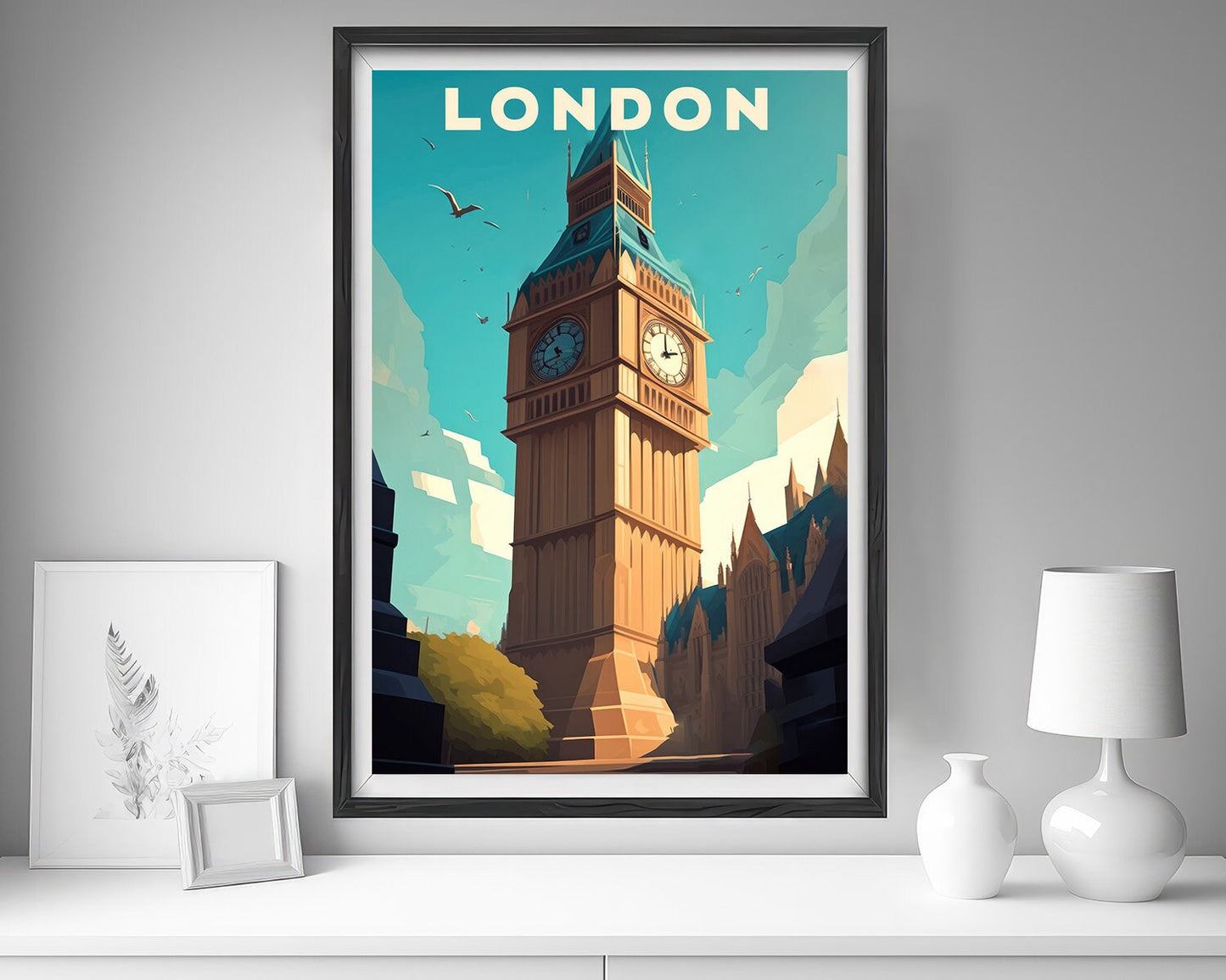 Framed London UK England Travel Poster in Portrait orientation, minimal background, close up wall art print 5