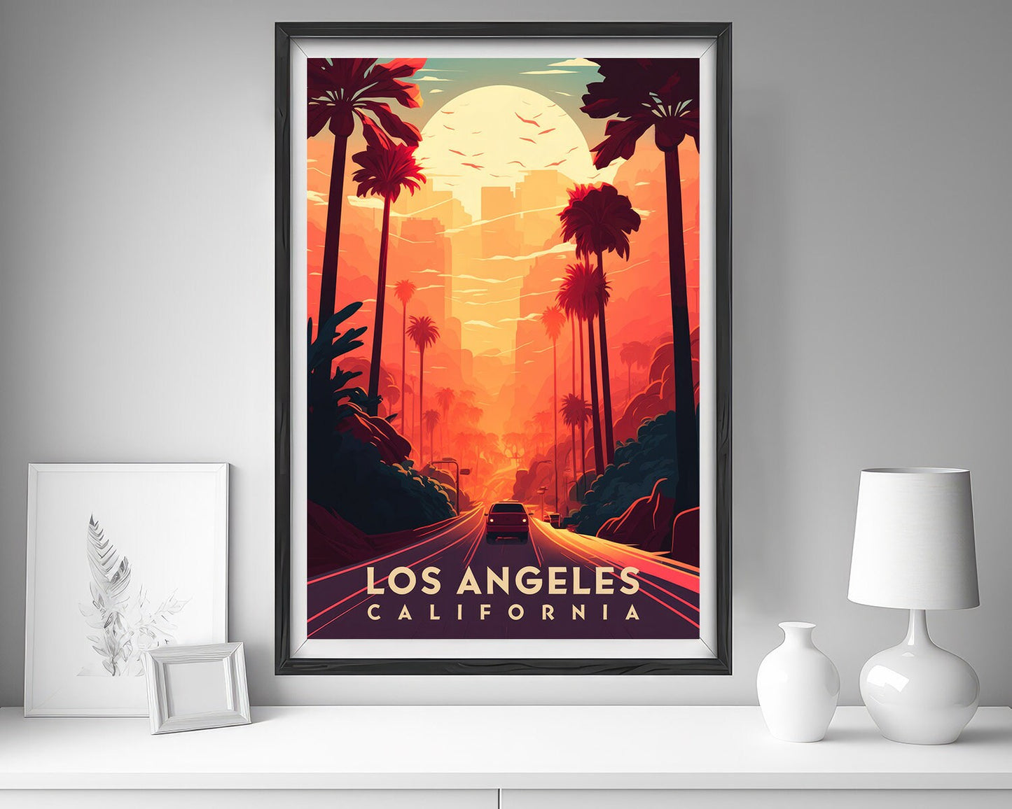 Framed Los Angeles California Travel Poster in Portrait orientation, minimal background, close up wall art print 5