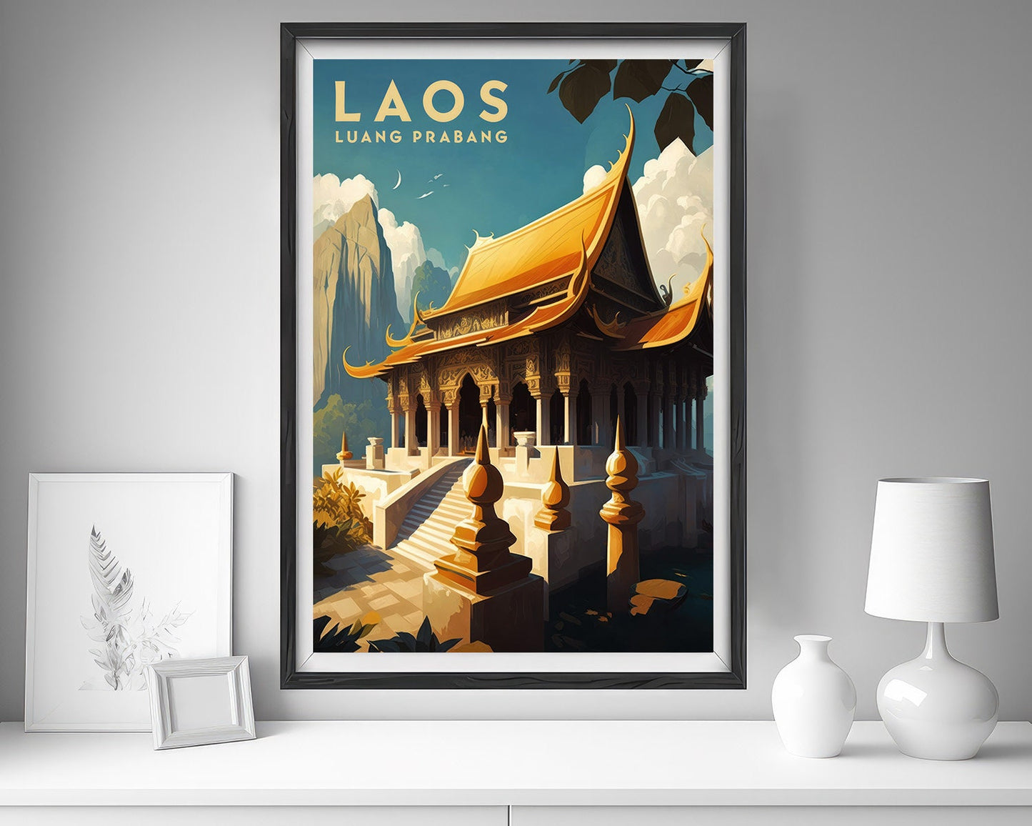 Framed Luang Prabang Laos Travel Poster in Portrait orientation, minimal background, close up wall art print 5