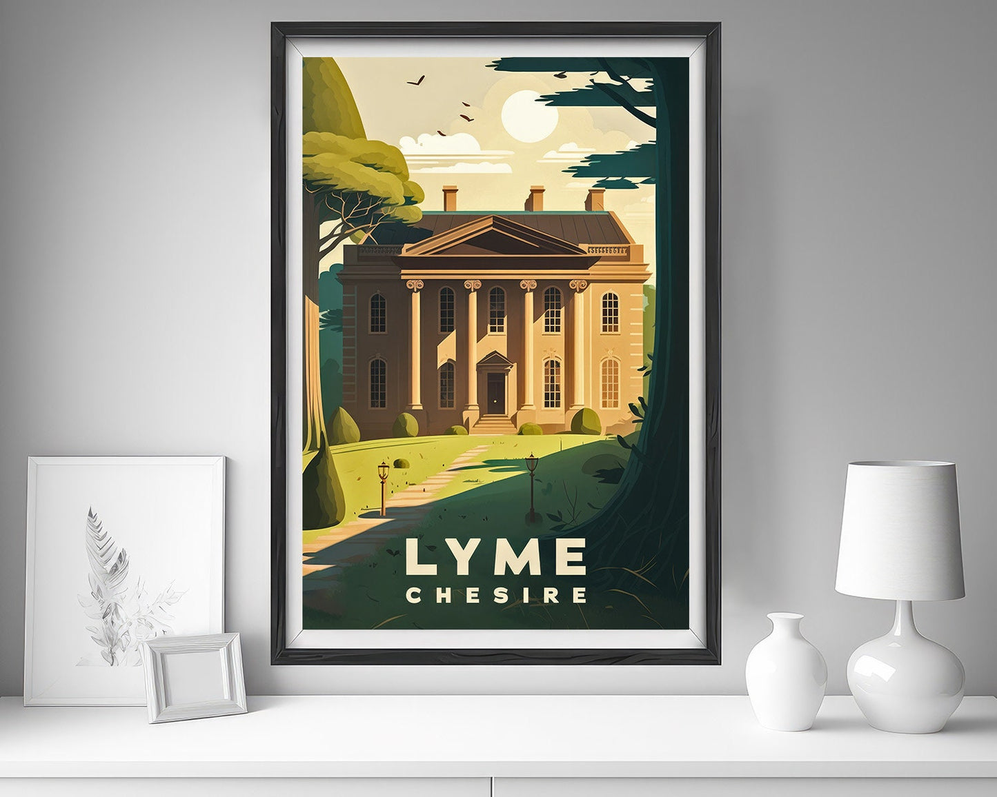Framed Lyme Chesire Travel Poster in Portrait orientation, minimal background, close up wall art print 5