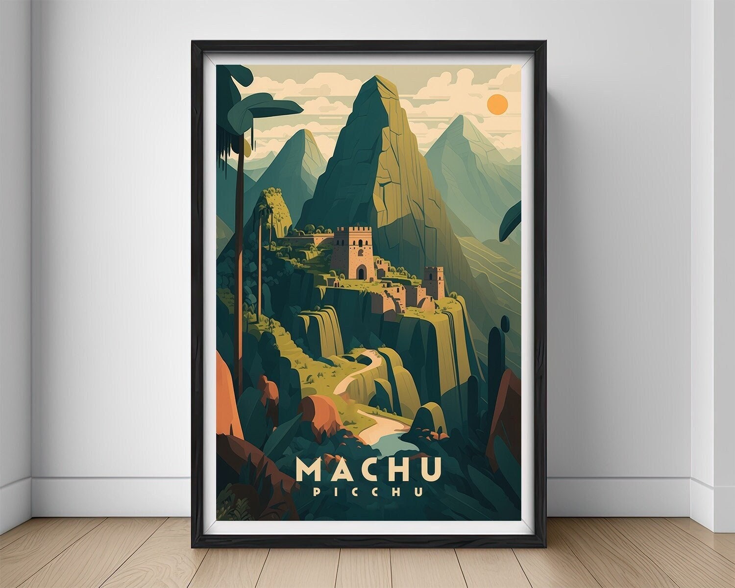 Framed Machu Picchu Peru Travel Poster in Portrait orientation, minimal background, close up wall art print 1