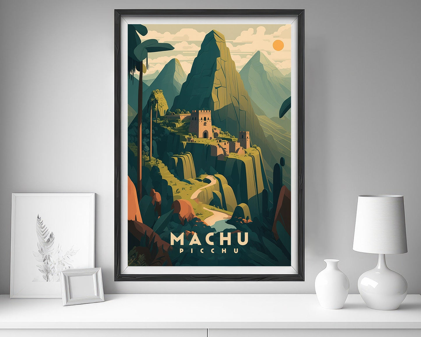 Framed Machu Picchu Peru Travel Poster in Portrait orientation, minimal background, close up wall art print 5