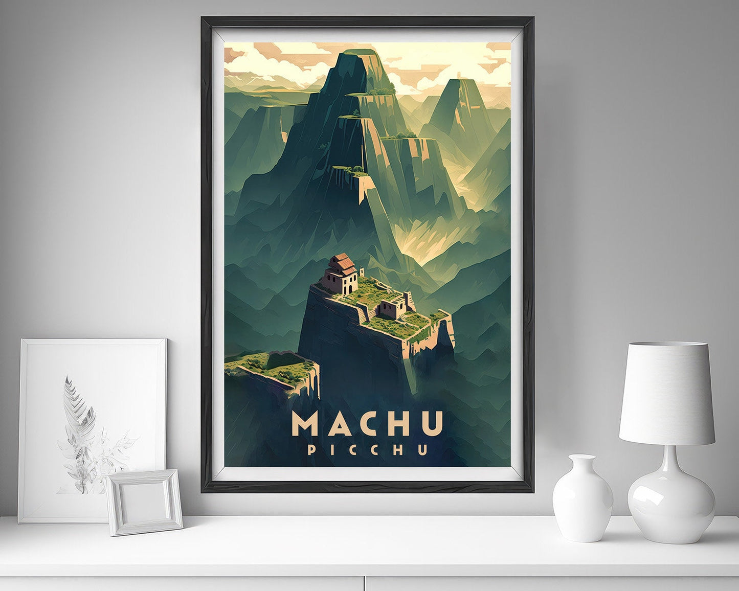 Framed Machu Picchu Travel Poster in Portrait orientation, minimal background, close up wall art print 5