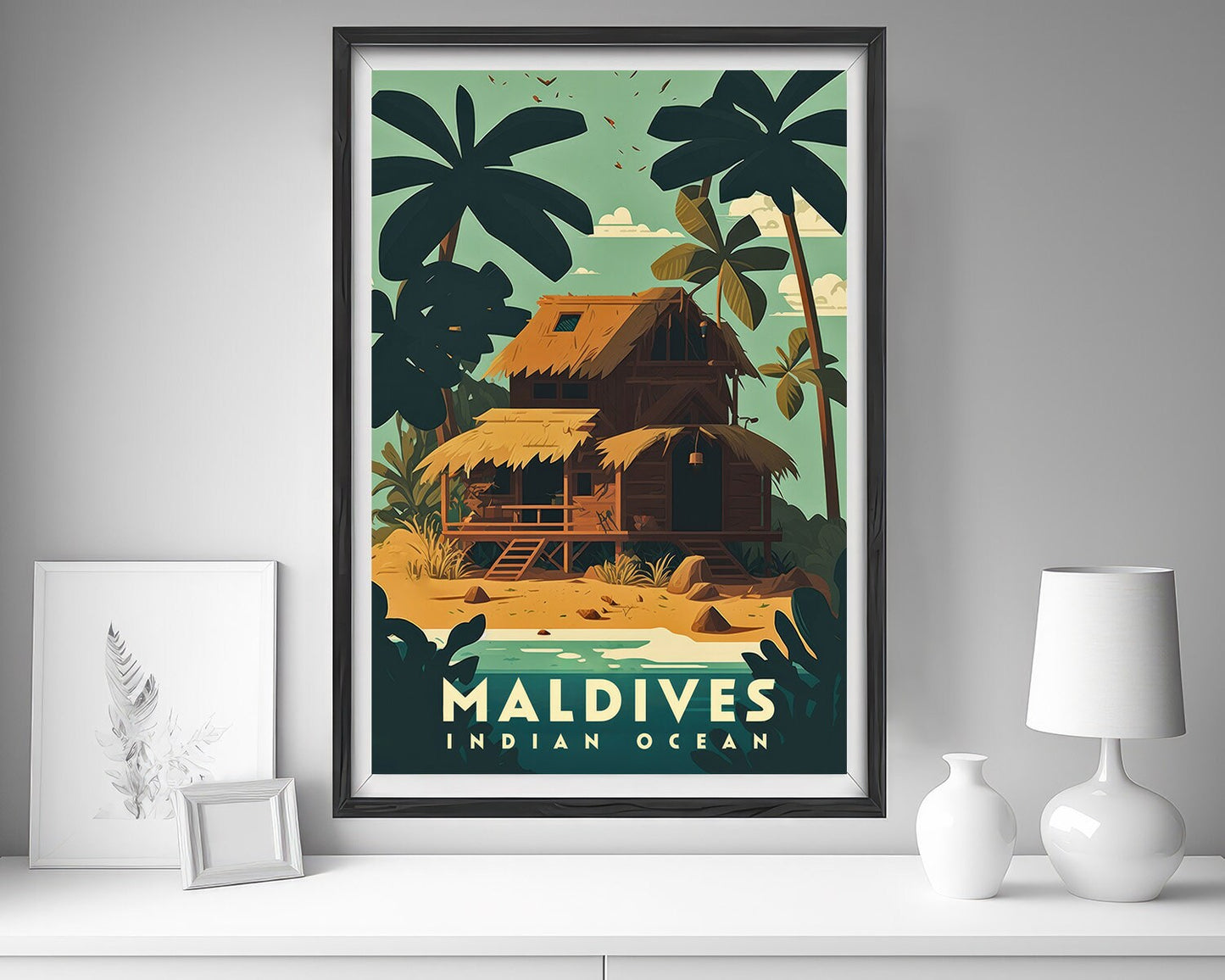 Framed Maldives Travel Poster in Portrait orientation, minimal background, close up wall art print 5