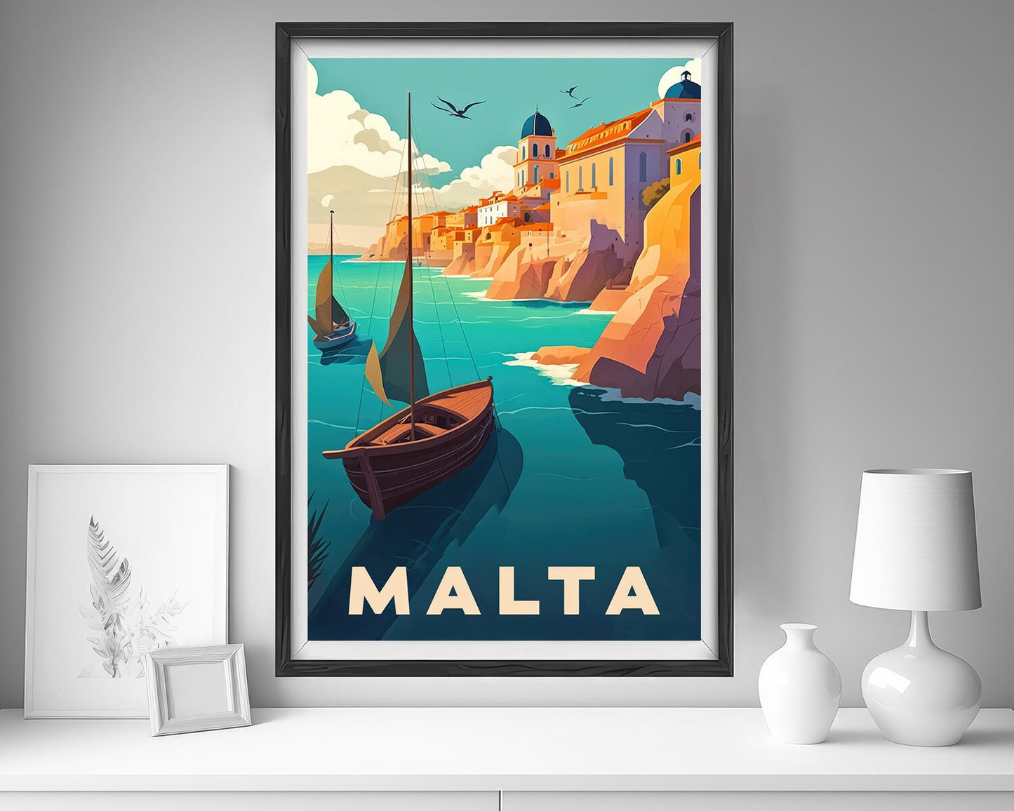 Framed Malta Europe Travel Poster in Portrait orientation, minimal background, close up wall art print 5