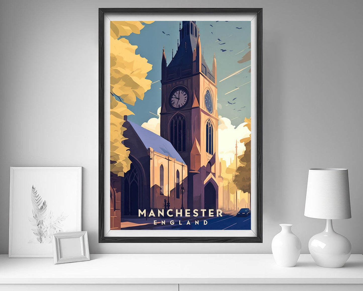 Framed Manchester UK Travel Poster in Portrait orientation, minimal background, close up wall art print 5