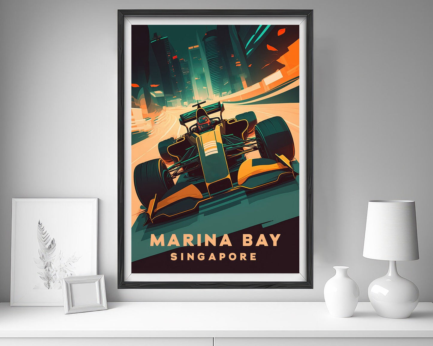 Framed Marina Bay Singapore Travel Poster in Portrait orientation, minimal background, close up wall art print 5