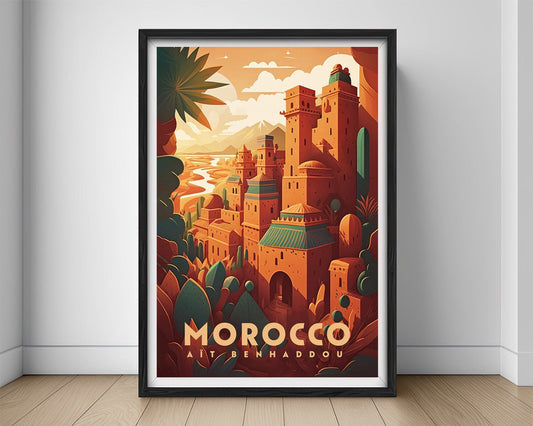 Framed Marrakesh Morocco Travel Poster in Portrait orientation, minimal background, close up wall art print 1