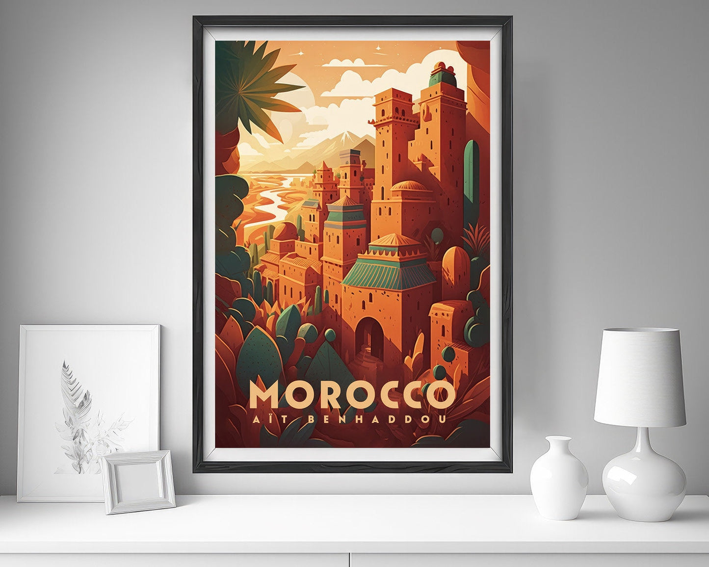 Framed Marrakesh Morocco Travel Poster in Portrait orientation, minimal background, close up wall art print 5