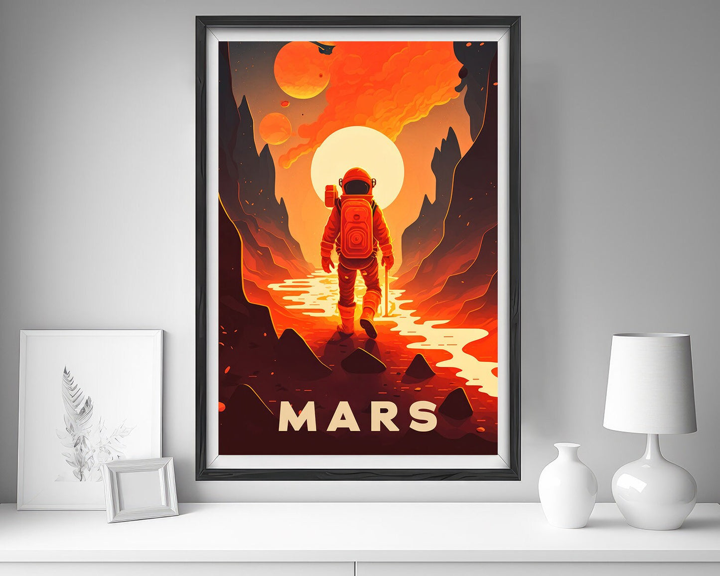 Framed Mars Planet Travel Poster in Portrait orientation, minimal background, close up wall art print 5