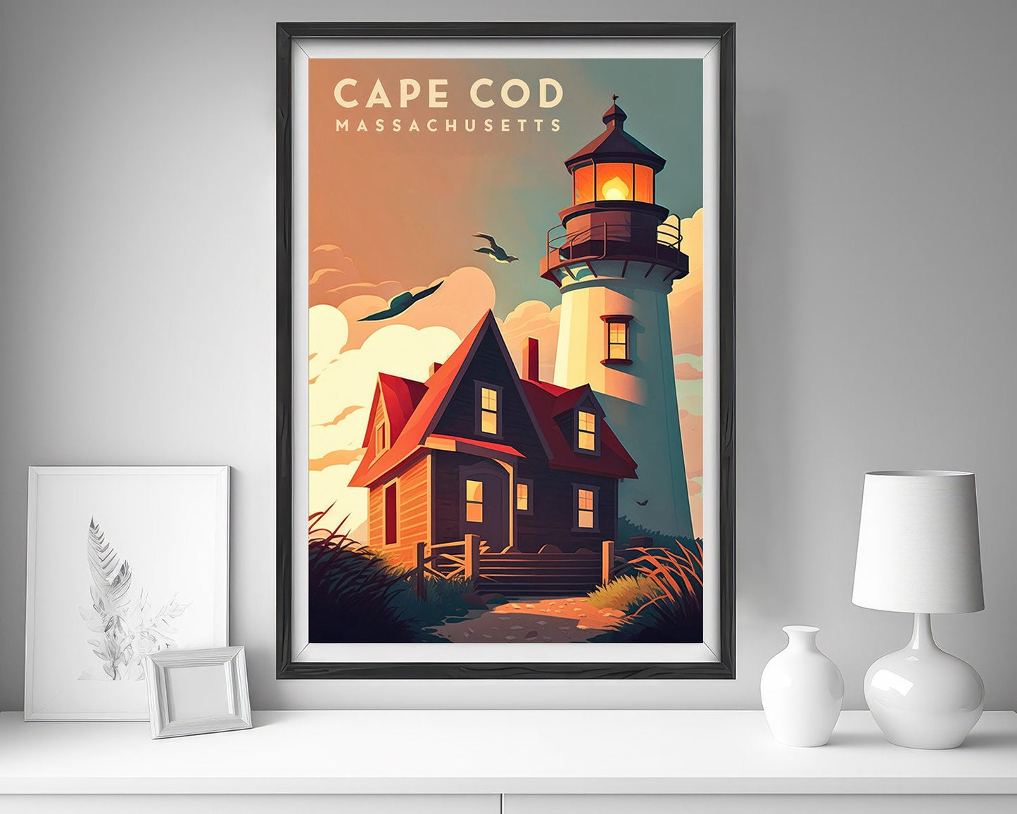 Framed Massachusetts Cape Cod Travel Poster in Portrait orientation, minimal background, close up wall art print 5
