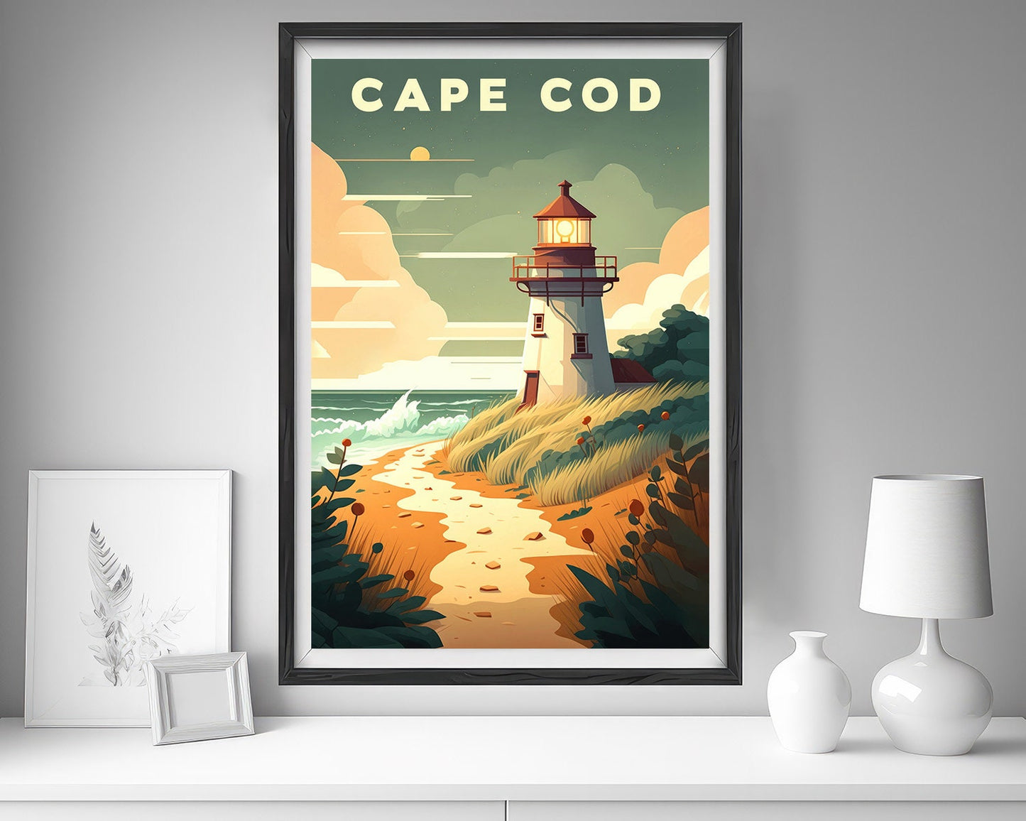 Framed Massachusetts Cape Cod USA Travel Poster in Portrait orientation, minimal background, close up wall art print 5