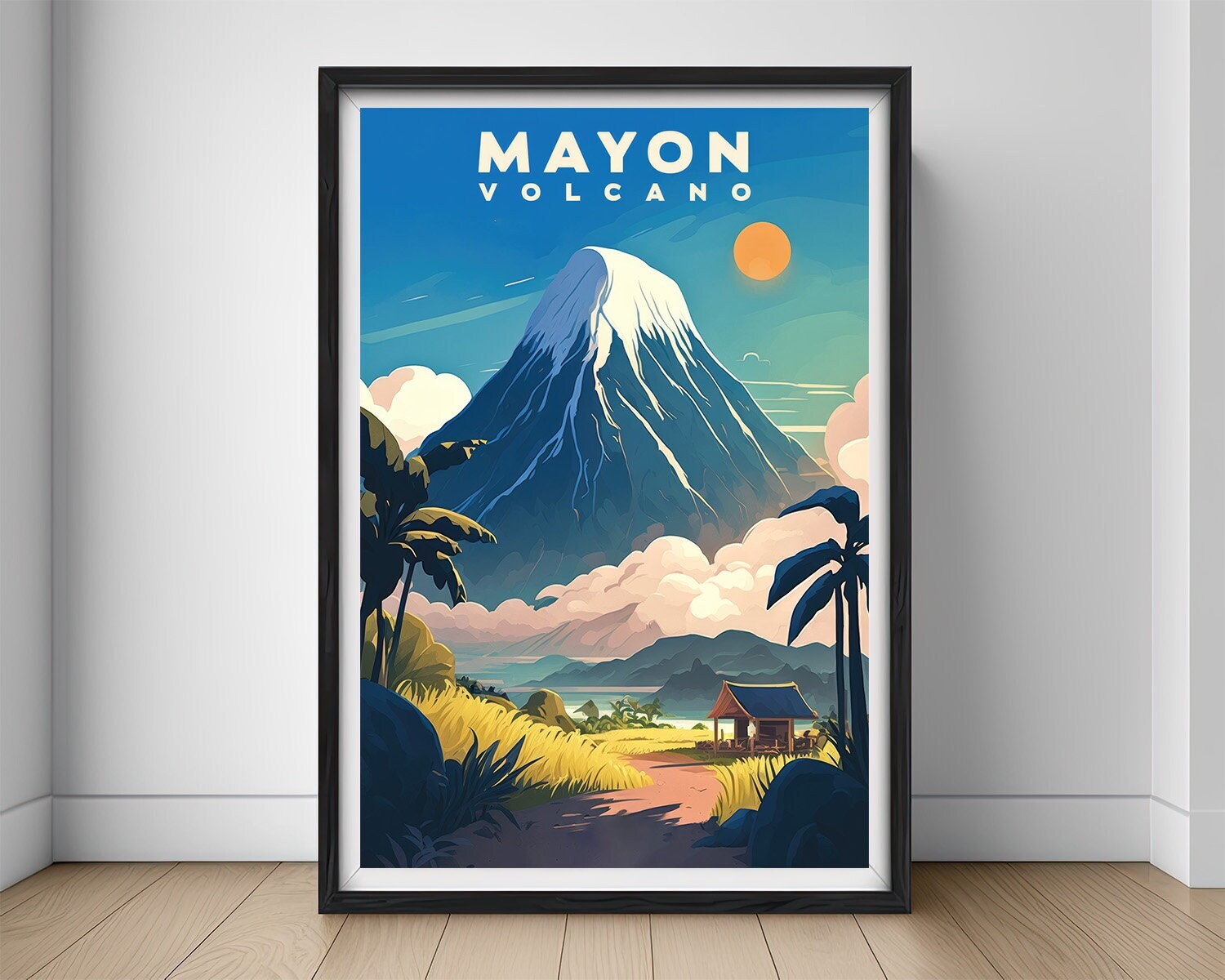 Framed Mayon Volcano Philippines Travel Poster in Portrait orientation, minimal background, close up wall art print 1