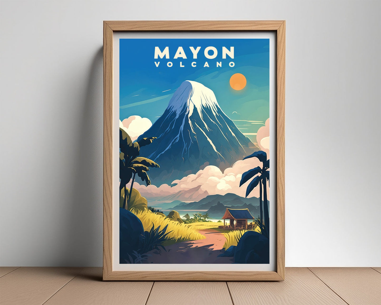Framed Mayon Volcano Philippines Travel Poster in Portrait orientation, minimal background, close up wall art print 2
