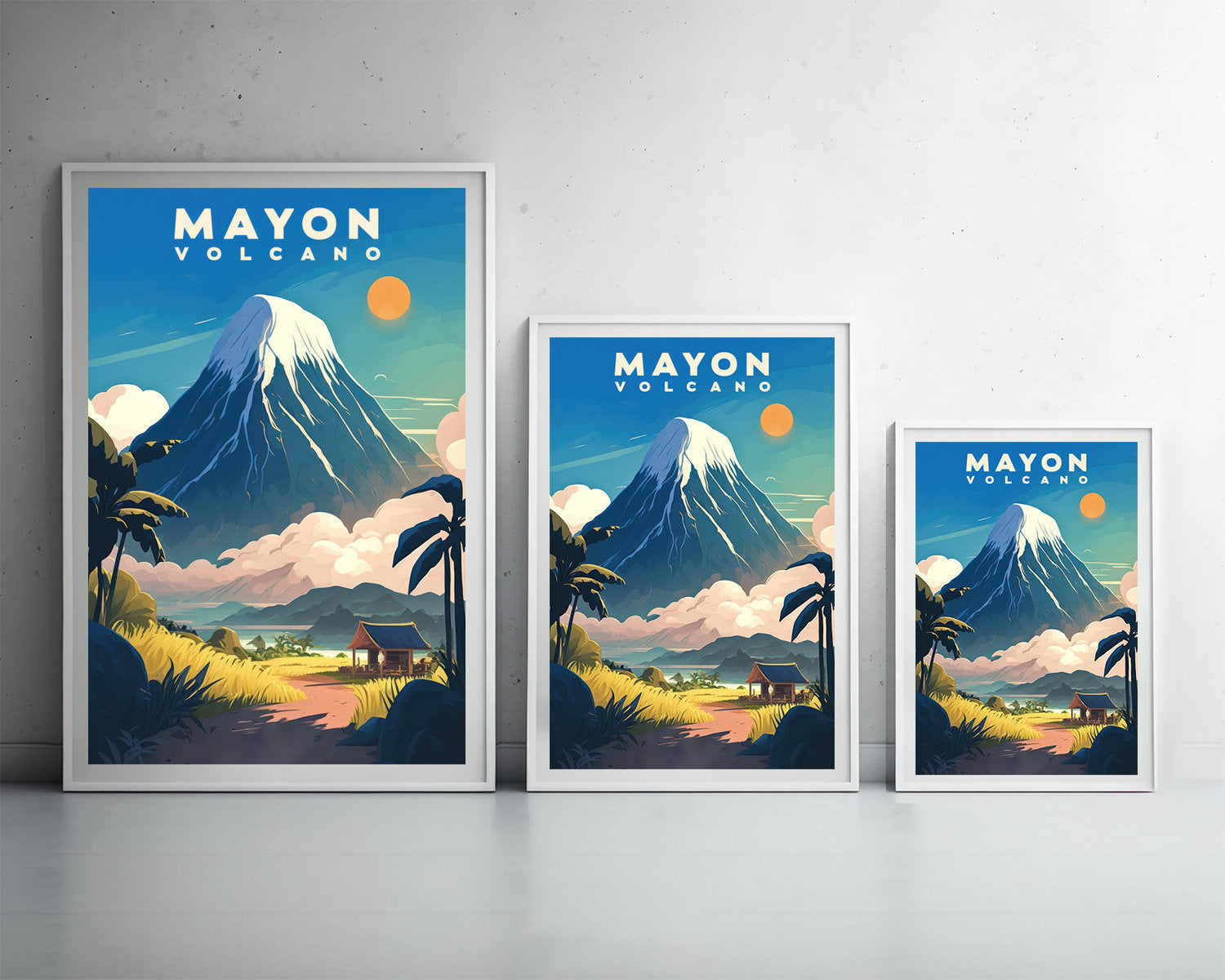 Framed Mayon Volcano Philippines Travel Poster in Portrait orientation, minimal background, close up wall art print 3