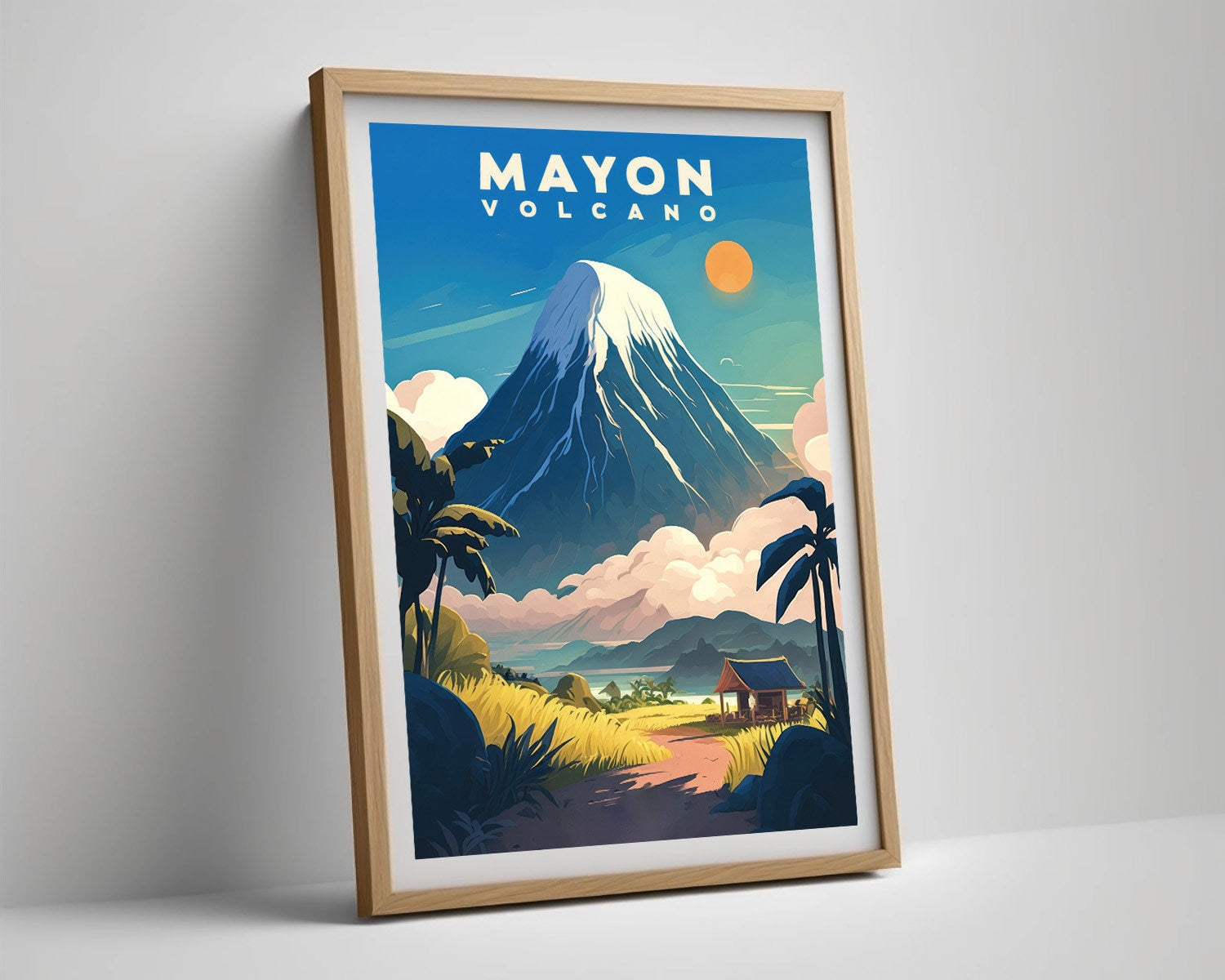 Framed Mayon Volcano Philippines Travel Poster in Portrait orientation, minimal background, close up wall art print 4