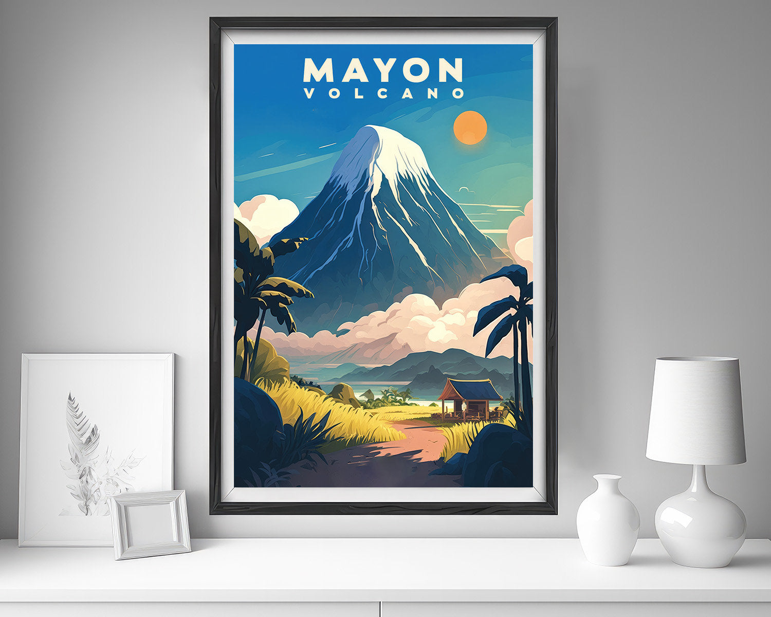 Framed Mayon Volcano Philippines Travel Poster in Portrait orientation, minimal background, close up wall art print 5