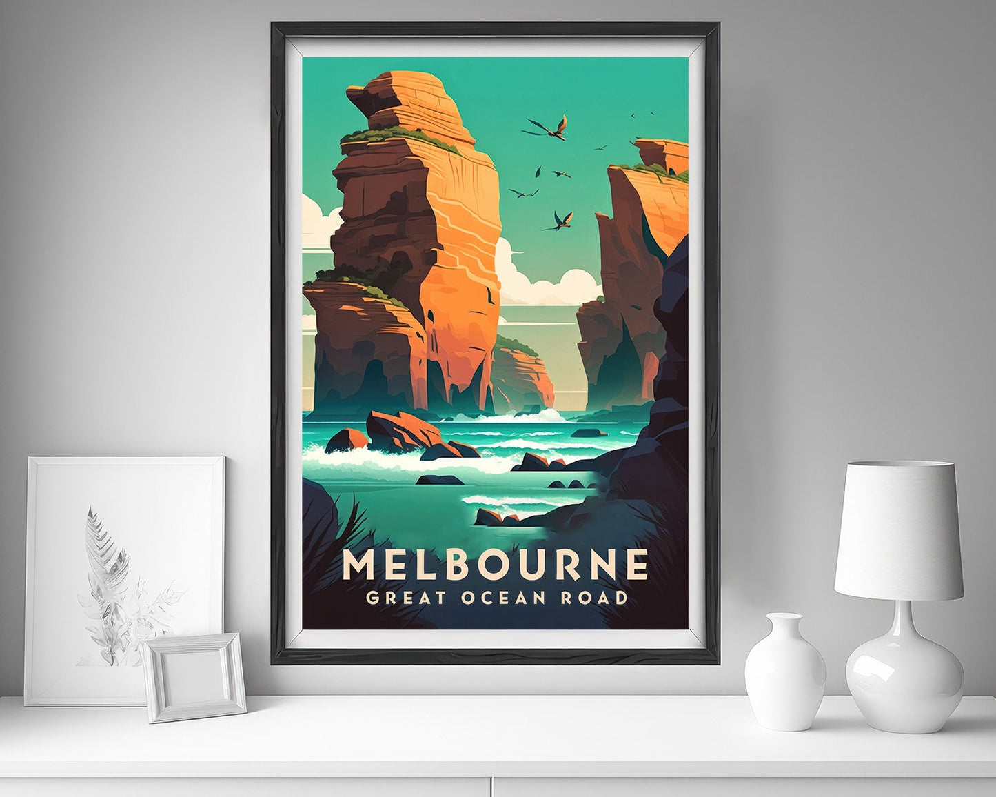 Framed Melbourne Australia 12 Apostles Travel Poster in Portrait orientation, minimal background, close up wall art print 5