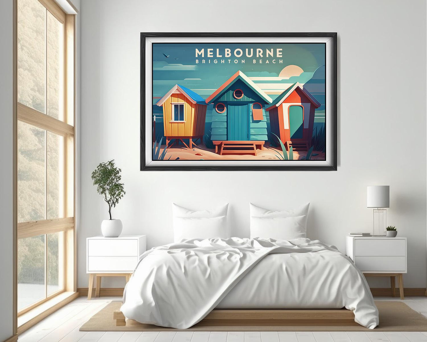 Framed Melbourne Brighton Beach Huts Travel Poster in Landscape orientation, minimal background, close up wall art print 4