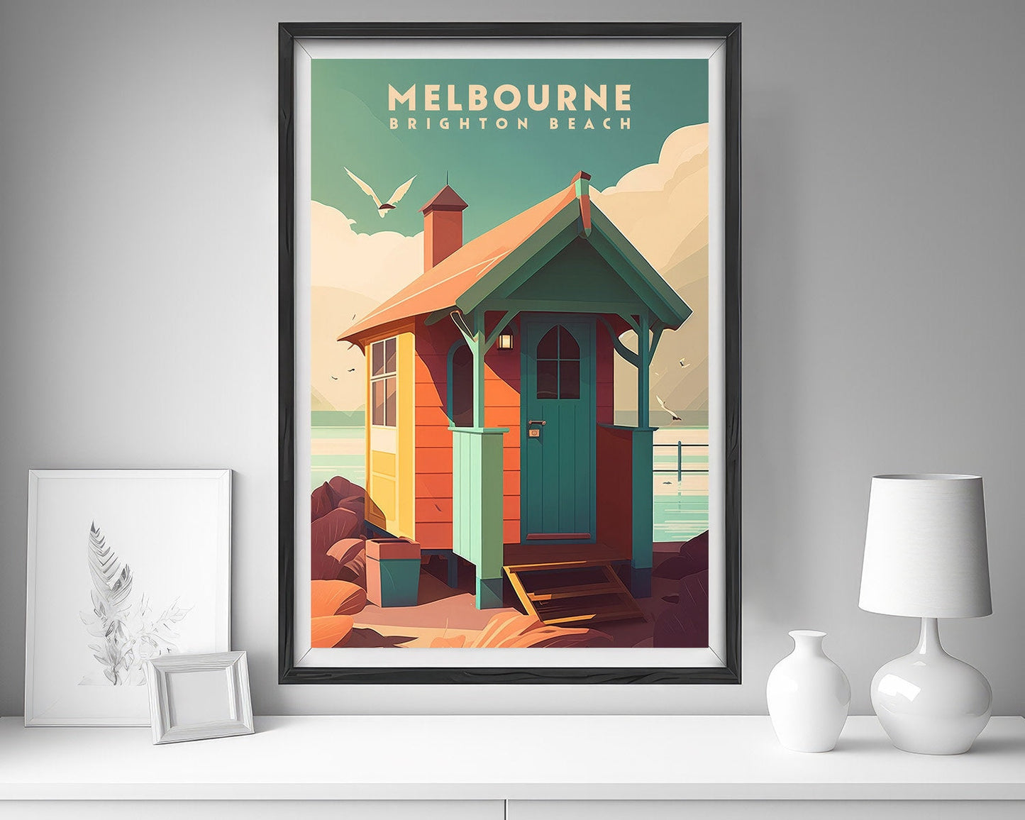 Framed Melbourne Brighton Beach Travel Poster in Portrait orientation, minimal background, close up wall art print 5