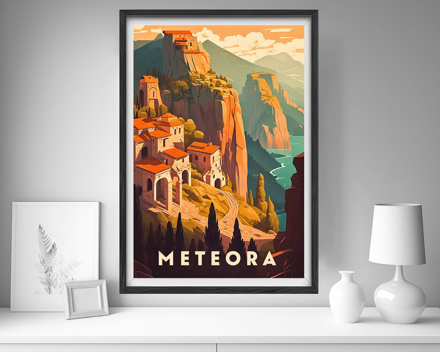 Framed Meteora Greece Europe Travel Poster in Portrait orientation, minimal background, close up wall art print 5