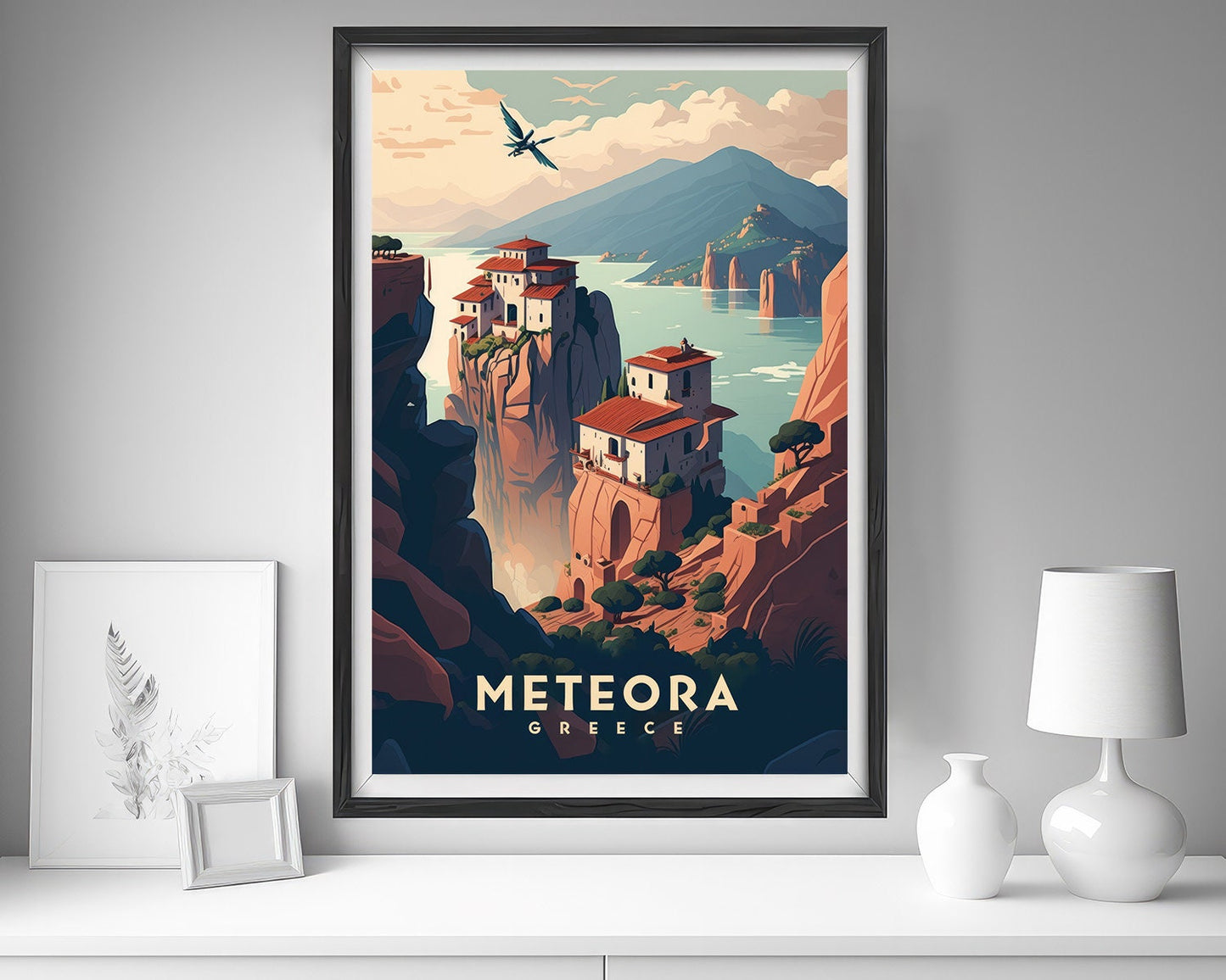 Framed Meteora Greece Travel Poster in Portrait orientation, minimal background, close up wall art print 5
