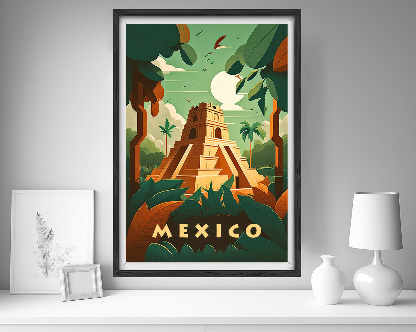 Framed Mexico Chichen Itza Pyramid Travel Poster in Portrait orientation, minimal background, close up wall art print 5