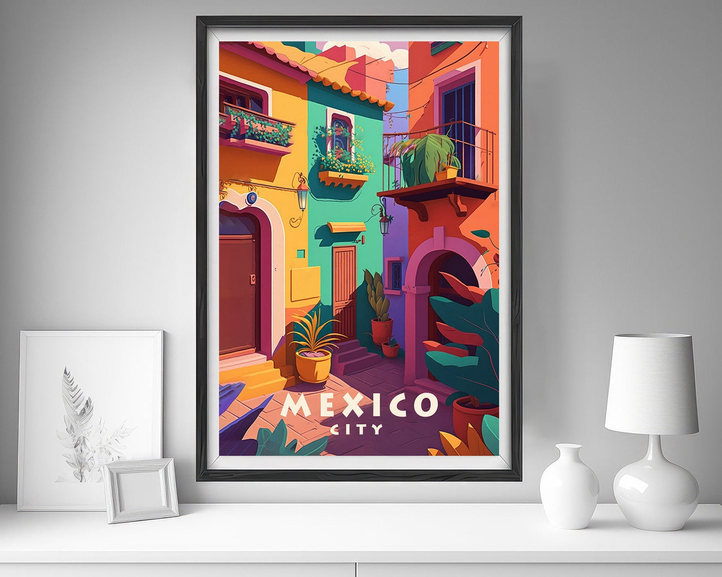 Framed Mexico Colorful Guanajuato Travel Poster in Portrait orientation, minimal background, close up wall art print 5