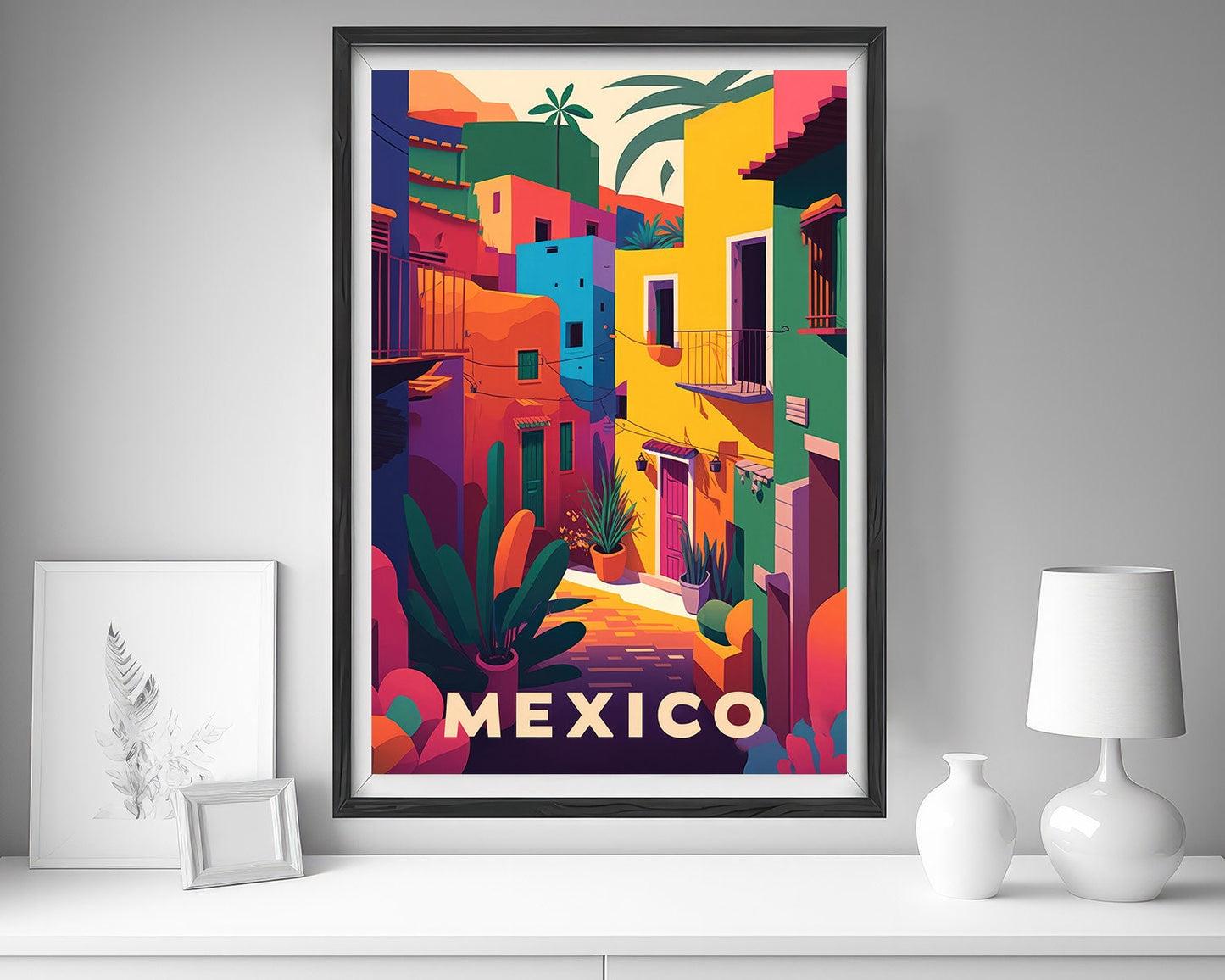 Framed Mexico Colourful Travel Poster in Portrait orientation, minimal background, close up wall art print 5