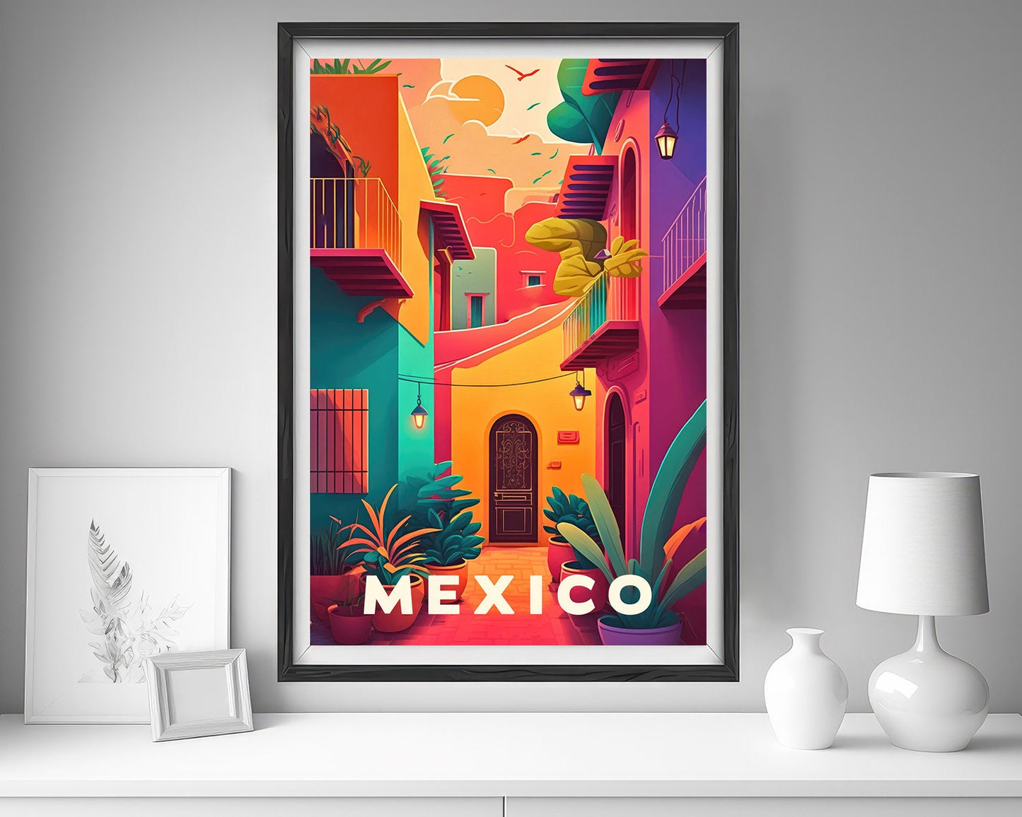 Framed Mexico Travel Poster in Portrait orientation, minimal background, close up wall art print 5