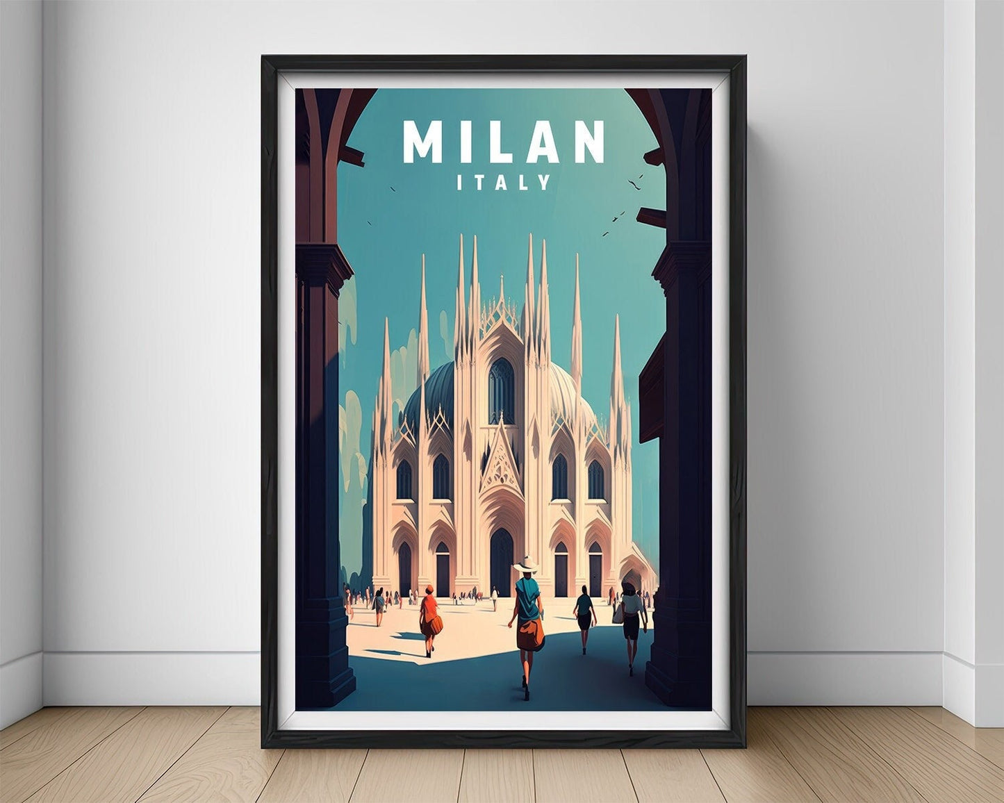Framed Milan Italy Travel Poster in Portrait orientation, minimal background, close up wall art print 1