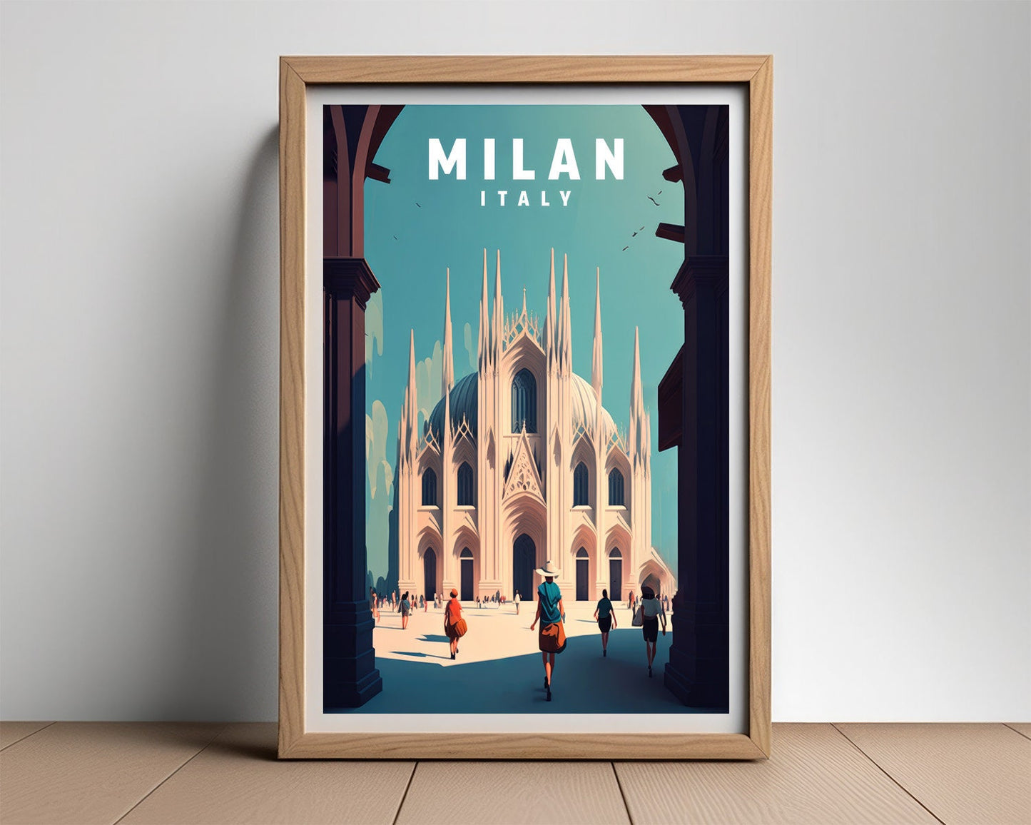 Framed Milan Italy Travel Poster in Portrait orientation, minimal background, close up wall art print 2