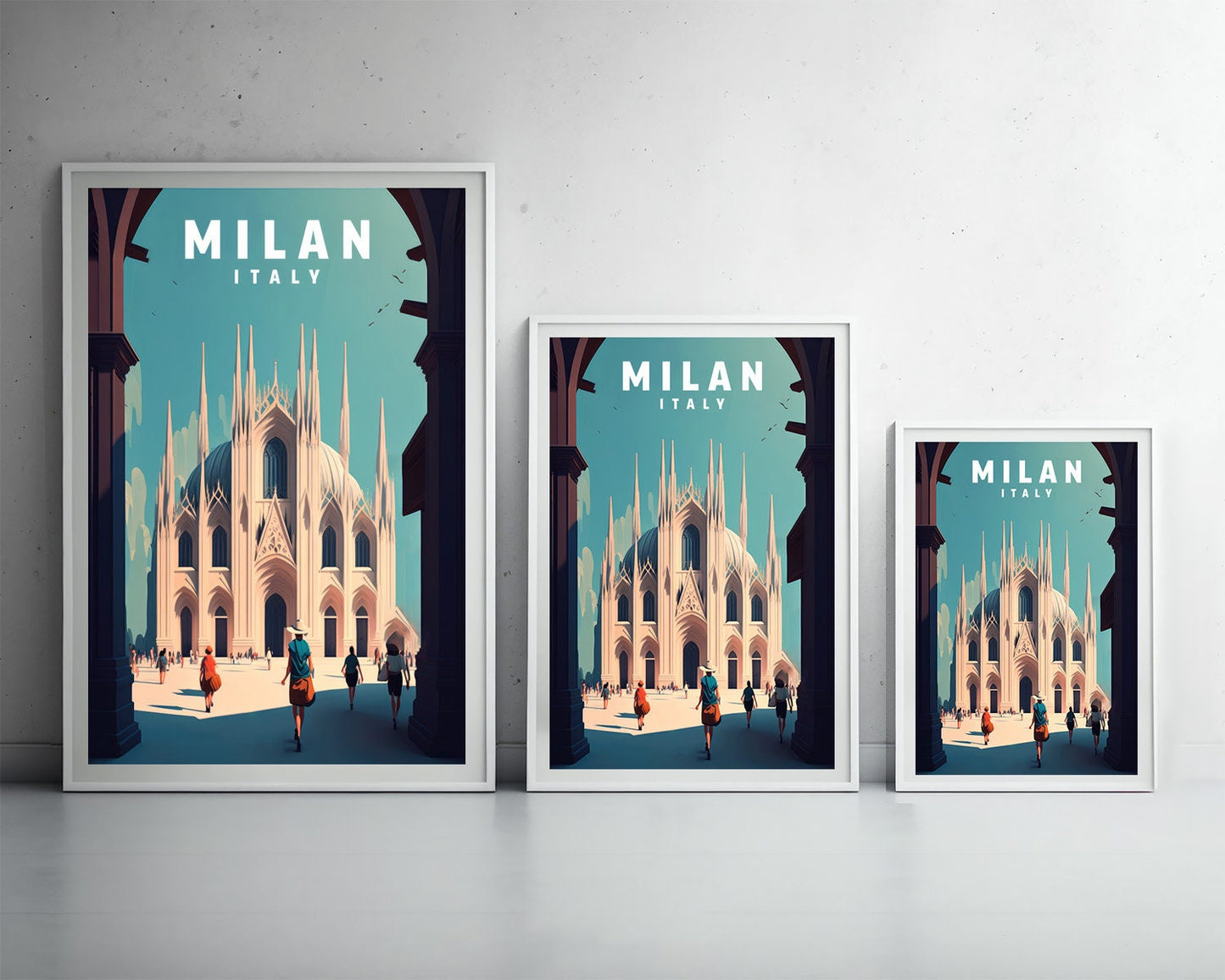 Framed Milan Italy Travel Poster in Portrait orientation, minimal background, close up wall art print 3