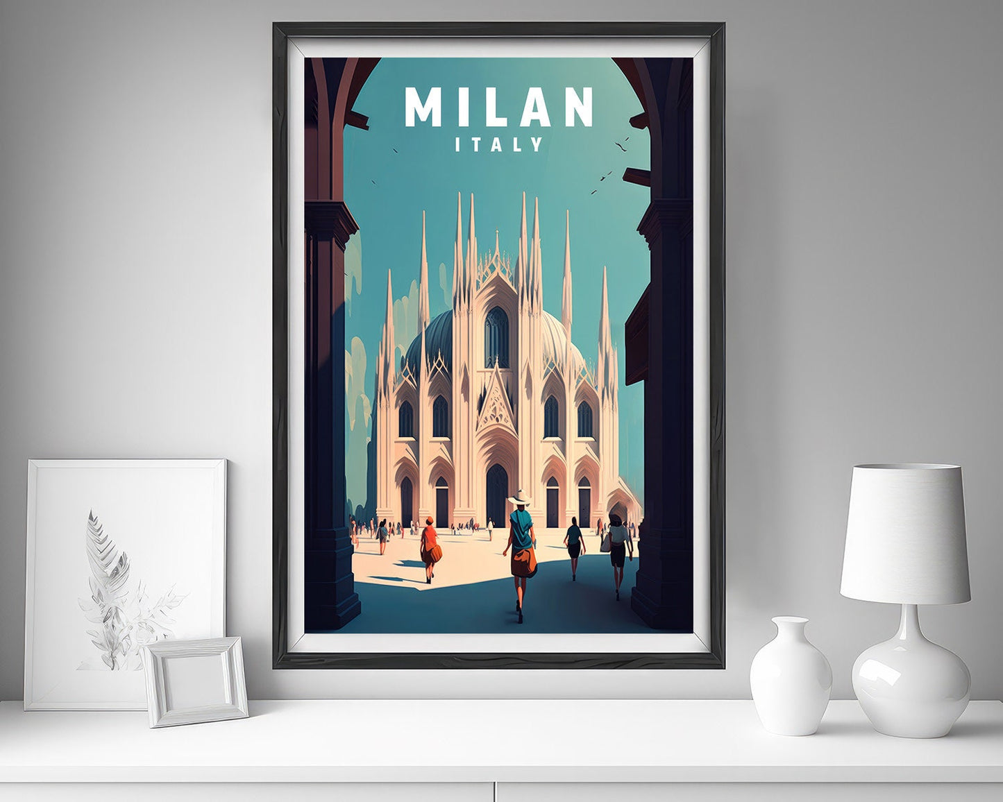 Framed Milan Italy Travel Poster in Portrait orientation, minimal background, close up wall art print 5