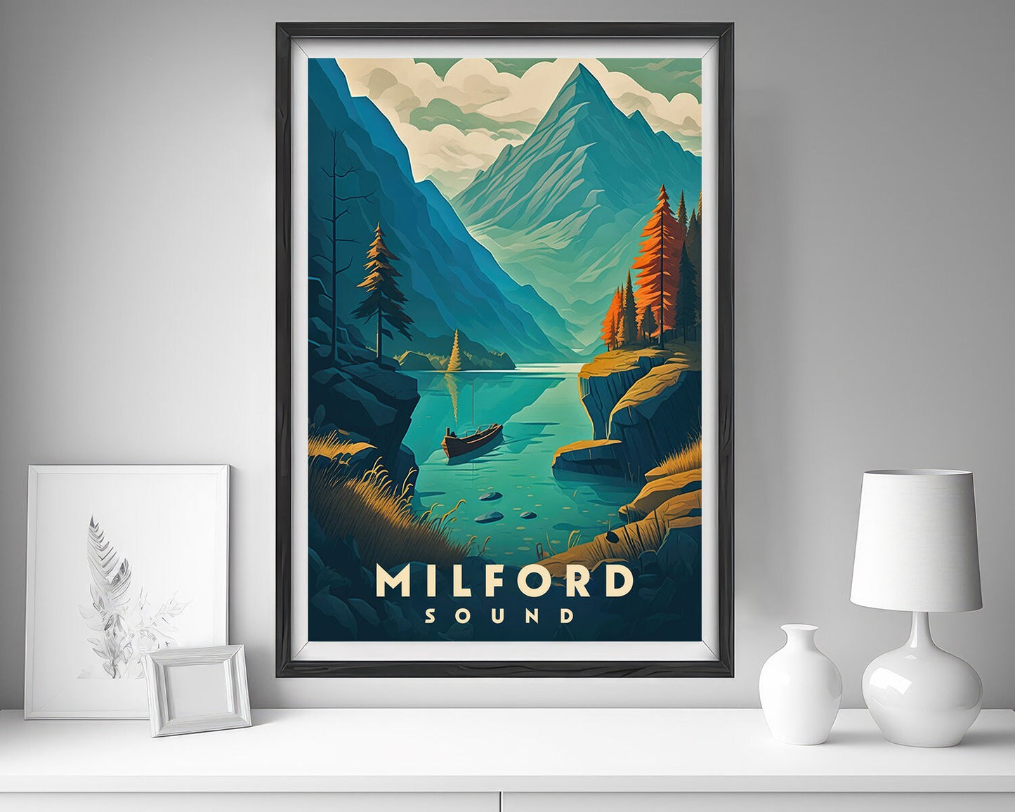 Framed Milford Sound Travel Poster in Portrait orientation, minimal background, close up wall art print 5