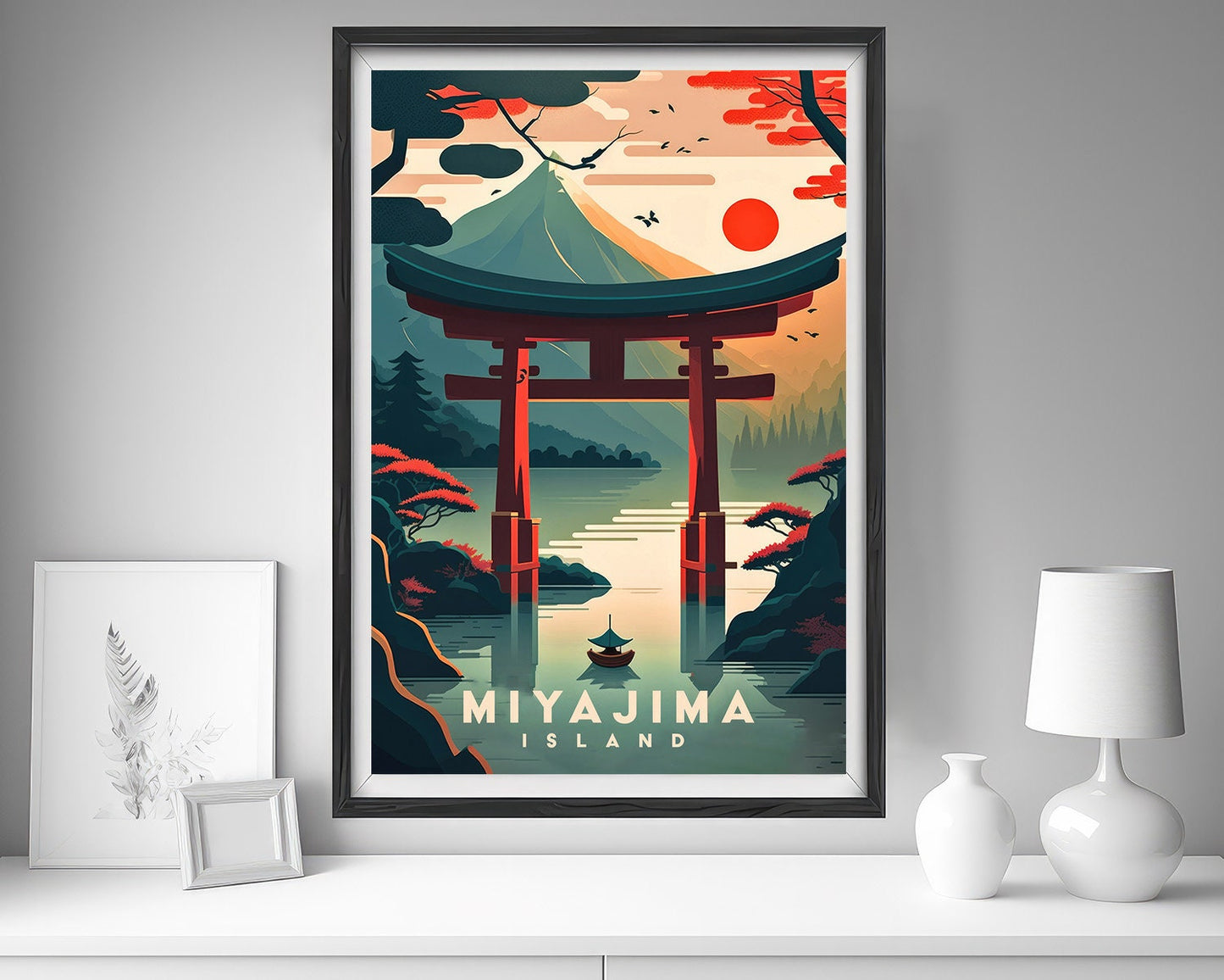 Framed Miyajima Island Japan Travel Poster in Portrait orientation, minimal background, close up wall art print 5