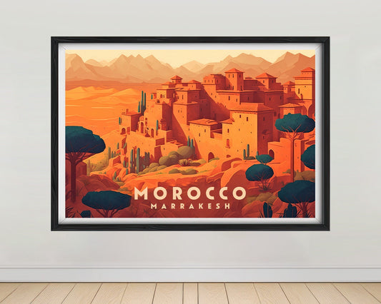 Framed Morocco Marrakesh Travel Poster in Landscape orientation, minimal background, close up wall art print 1