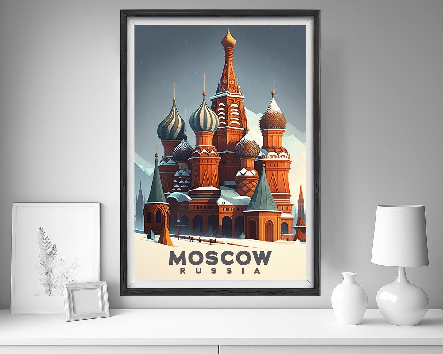 Framed Moscow Russia Travel Poster in Portrait orientation, minimal background, close up wall art print 5