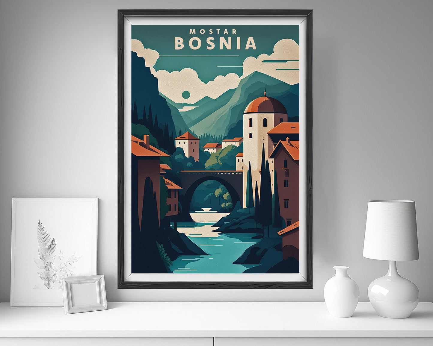 Framed Mostar Bosnia Travel Poster in Portrait orientation, minimal background, close up wall art print 5