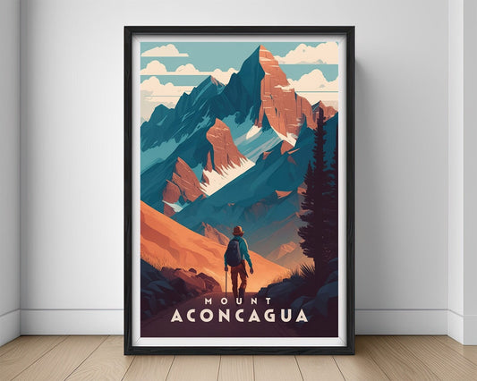 Framed Mount Aconcagua Travel Poster in Portrait orientation, minimal background, close up wall art print 1