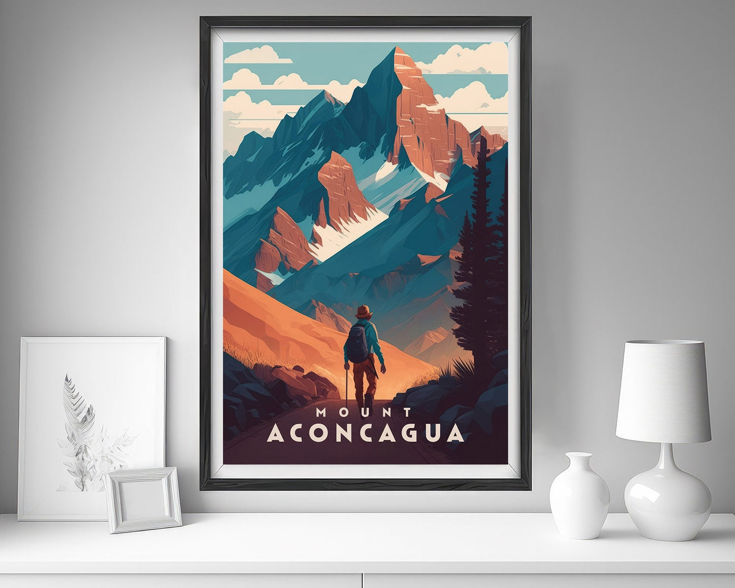 Framed Mount Aconcagua Travel Poster in Portrait orientation, minimal background, close up wall art print 5