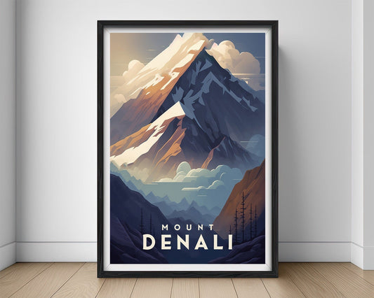 Framed Mount Denali Alaska Travel Poster in Portrait orientation, minimal background, close up wall art print 1