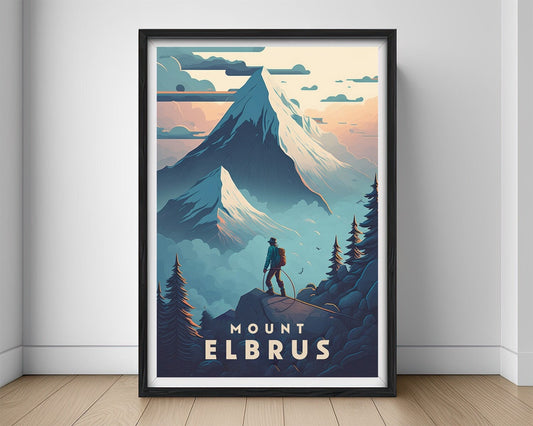 Framed Mount Elbrus Russia Travel Poster in Portrait orientation, minimal background, close up wall art print 1