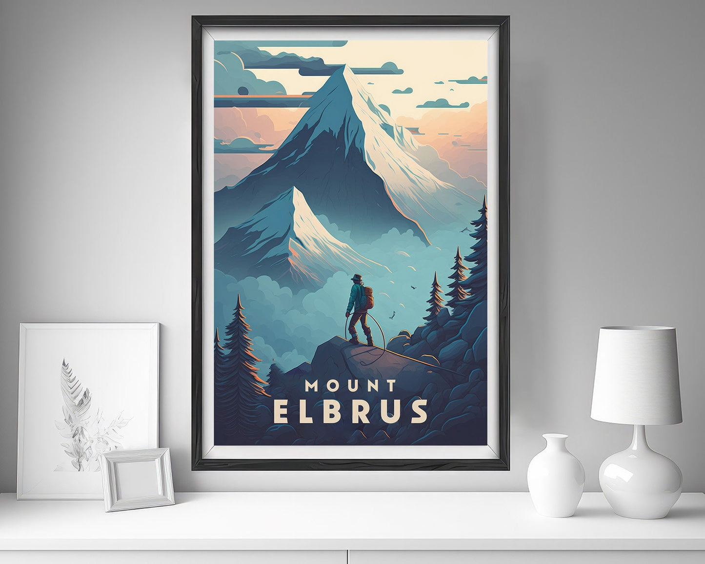 Framed Mount Elbrus Russia Travel Poster in Portrait orientation, minimal background, close up wall art print 5