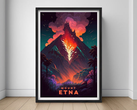 Framed Mount Etna Travel Poster in Portrait orientation, minimal background, close up wall art print 1