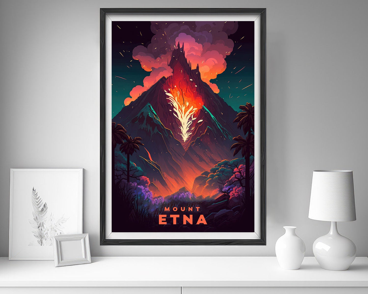 Framed Mount Etna Travel Poster in Portrait orientation, minimal background, close up wall art print 5