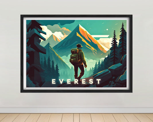 Framed Mount Everest Mountain Travel Poster in Landscape orientation, minimal background, close up wall art print 1