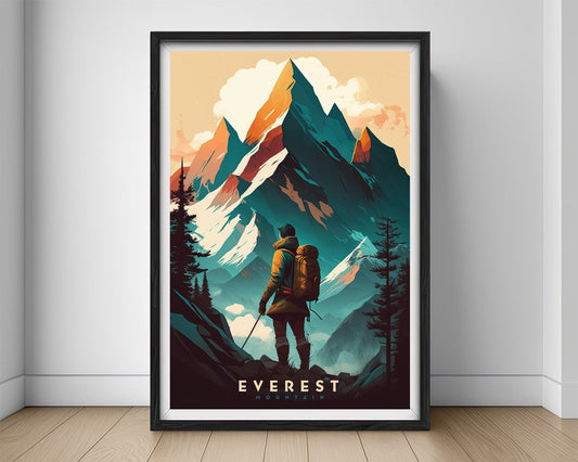 Framed Mount Everest Travel Poster in Portrait orientation, minimal background, close up wall art print 1